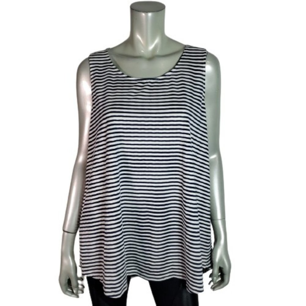 Rose & Olive‎ Top Plus Size 1X Button Back Metallic Stripe Sleeveless Blue